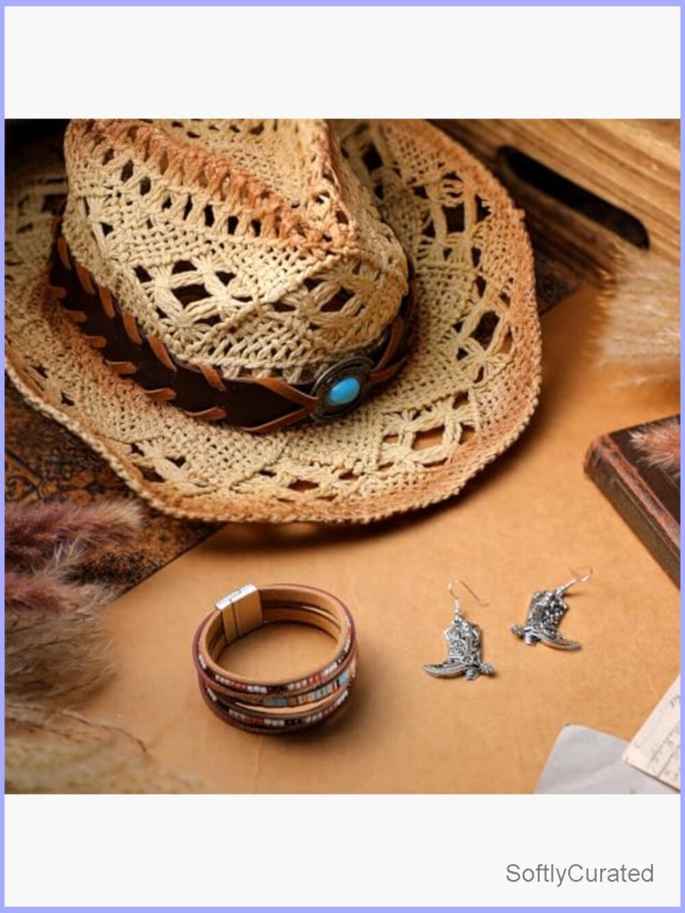 Western Cowboy Hat Set with Bracelet and Earrings Bohemian Vintage - Picture 2 of 7